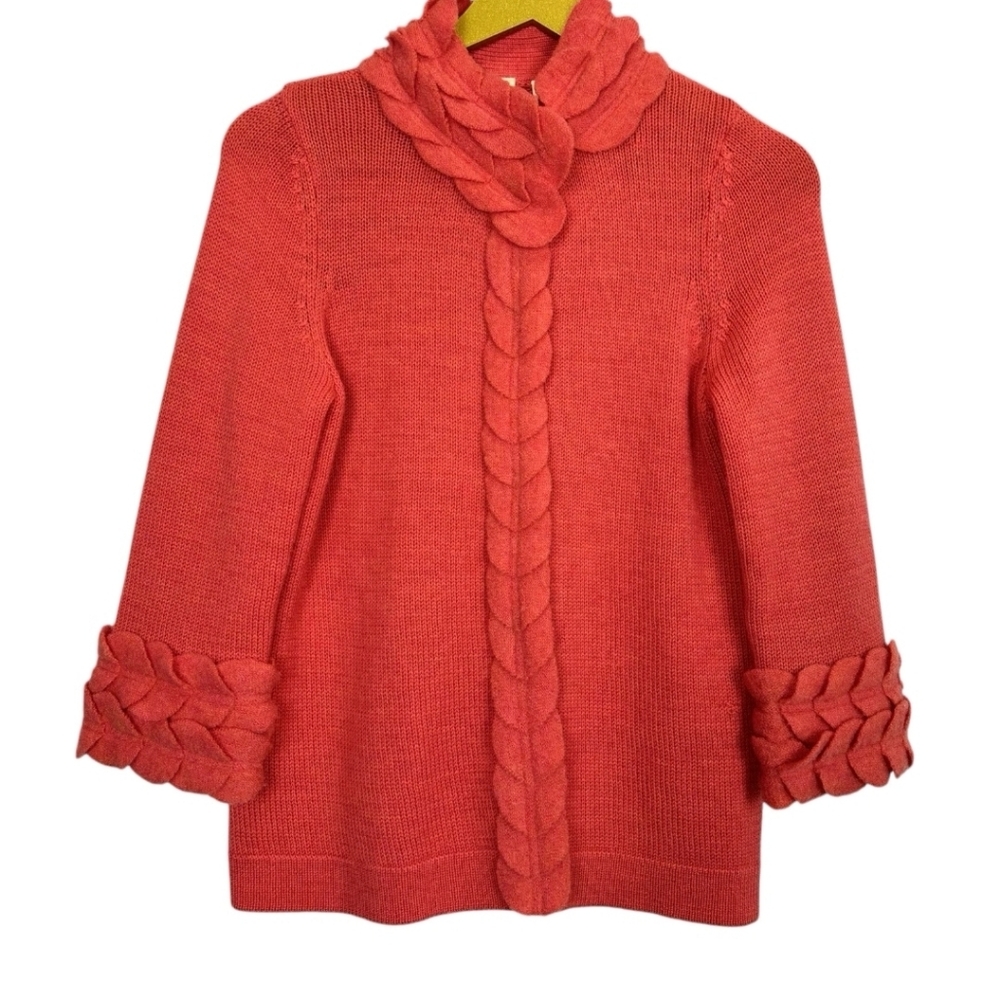 Anthropologie Moth Wool Whirlpetal Cardigan Jacket Small Applique Corsage Coral